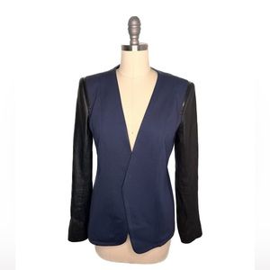Theory open blazer. Cotton body, leather sleeves with incredible zipper detail.